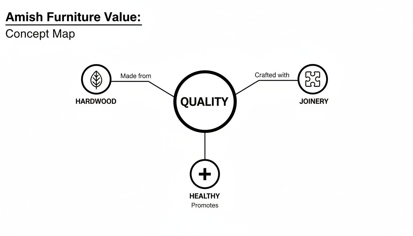 A concept map illustrating Amish furniture value, showing quality derived from hardwood, joinery, and promoting health.