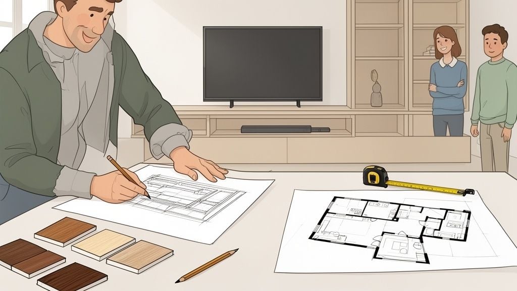 A man draws floor plans on a table with wood samples, while a couple watches, planning home renovation.