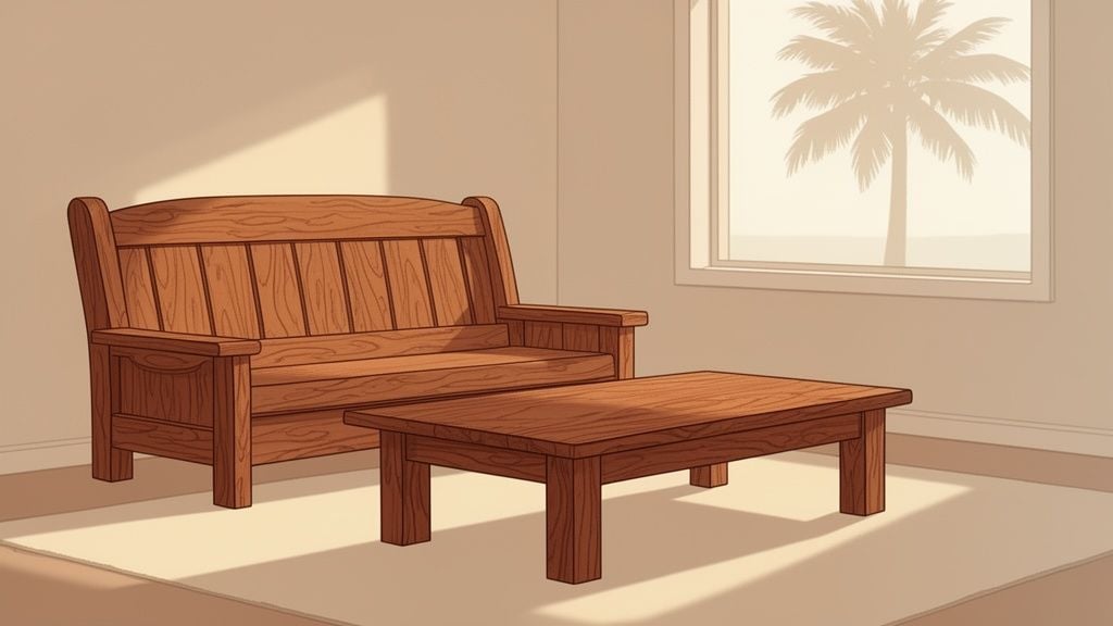 A rustic wooden sofa and coffee table in a sunlit living room with a palm tree outside the window.