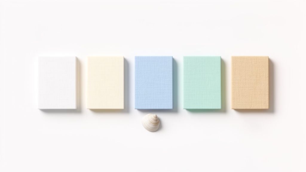 Five pastel-colored blocks and a seashell arranged on a white background, suggesting beach decor.