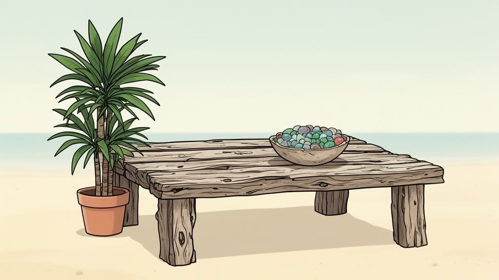 A potted green plant and a rustic wooden table with a bowl of colorful pebbles on a sandy beach.