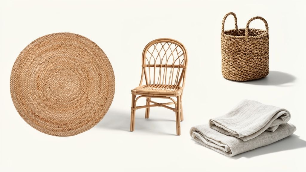 A collection of natural home decor items: a round jute rug, rattan chair, woven basket, and folded linen textiles.