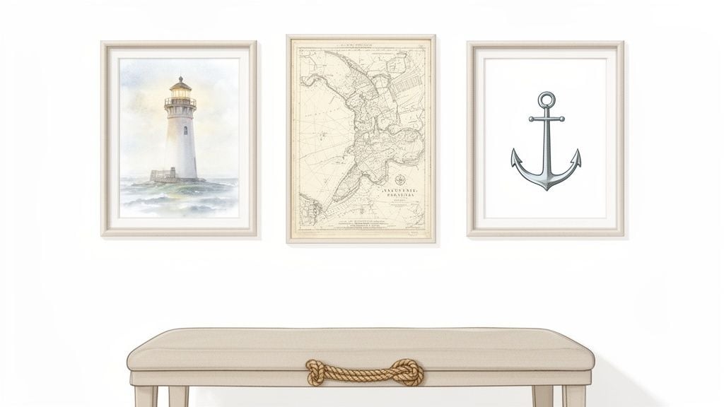Three framed nautical art prints depicting a lighthouse, a map, and an anchor, above a beige bench.