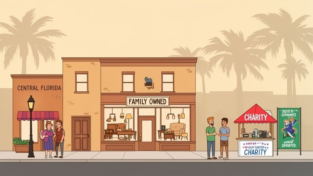 A colorful cartoon street scene depicting local businesses, a charity stand, and people interacting.