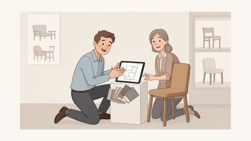 Two people discuss interior design using a tablet with a floor plan and fabric samples.