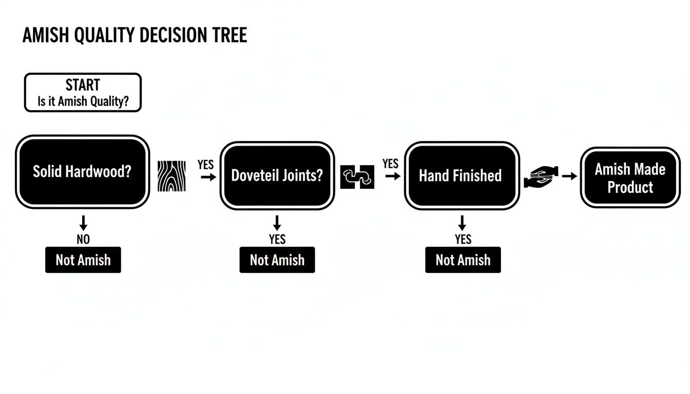 Amish Quality Decision Tree showing criteria for an Amish Made Product: solid hardwood, dovetail joints, hand finished.