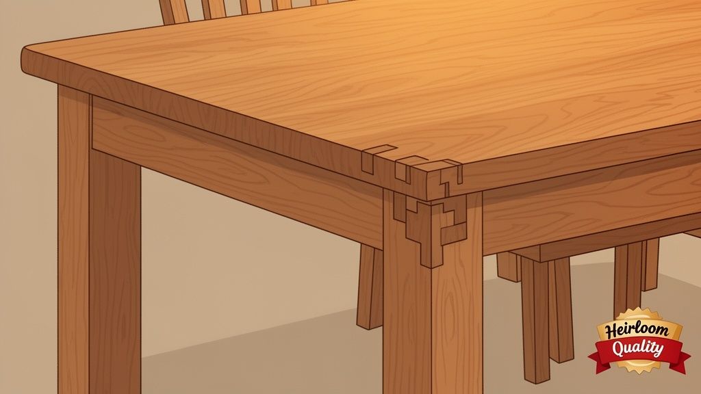 Close-up of a wooden table corner showcasing intricate dovetail joints, signifying heirloom quality craftsmanship.