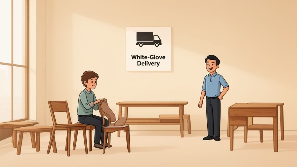 Two men are in a room, one assembling wooden furniture, next to a 'White-Glove Delivery' sign.