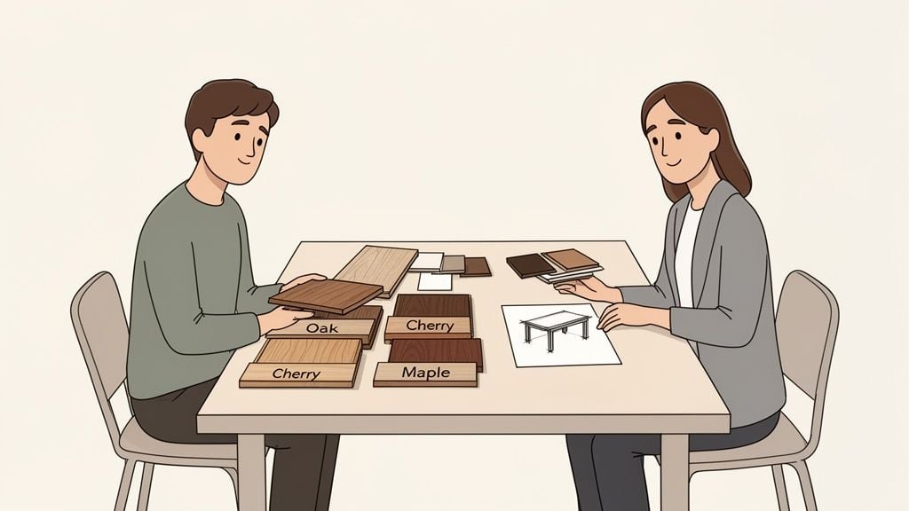 Man and woman choose wood types like oak, cherry, and maple for furniture design.