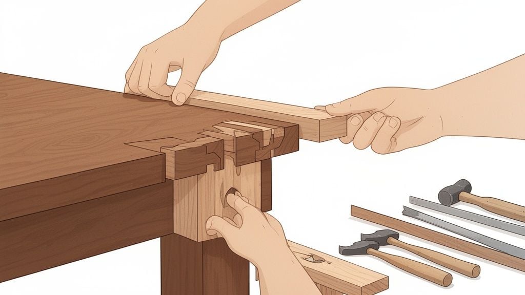 Hands assembling a wooden dovetail joint on a workbench, surrounded by woodworking chisels and hammers.