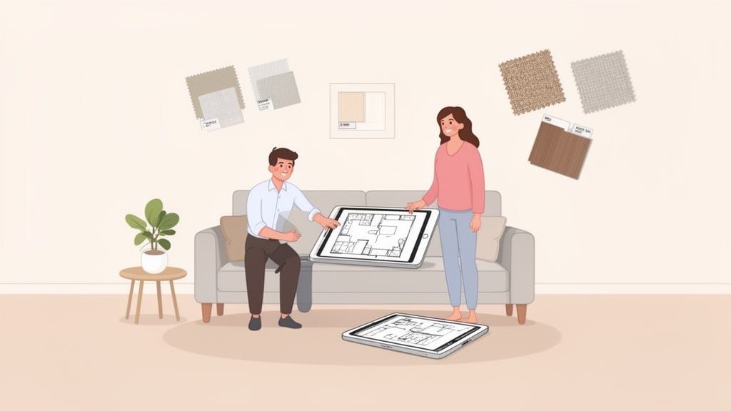 A couple reviews floor plans on tablets surrounded by material samples for interior design in a living room.