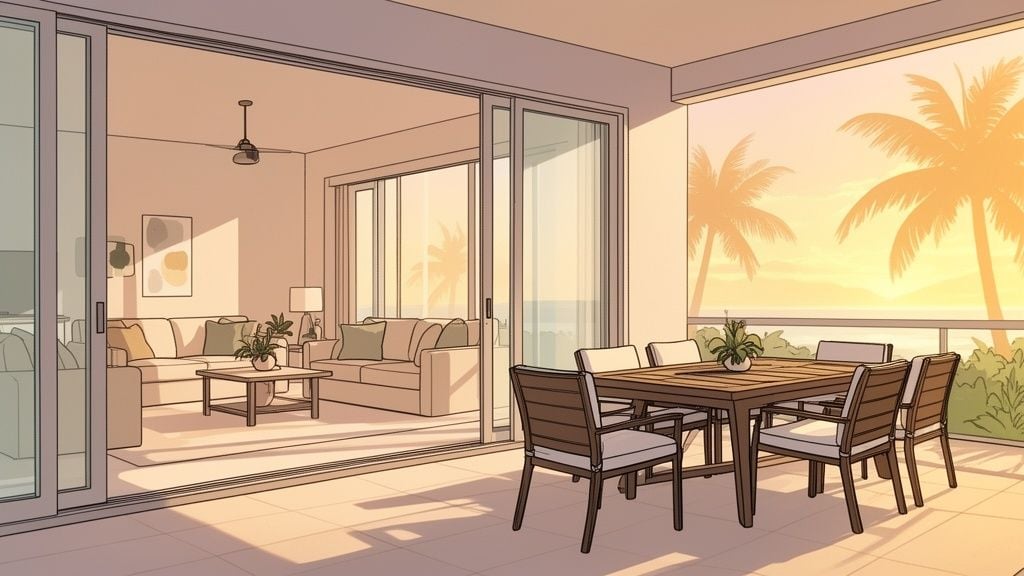 A luxurious apartment balcony with an outdoor dining set overlooks a tropical sunset and ocean.