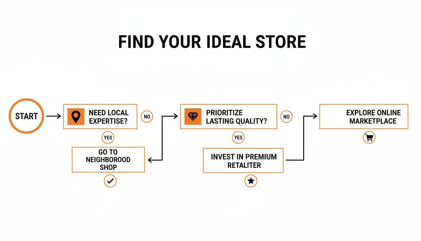Flowchart guiding users to find their ideal store based on local expertise and lasting quality preferences.