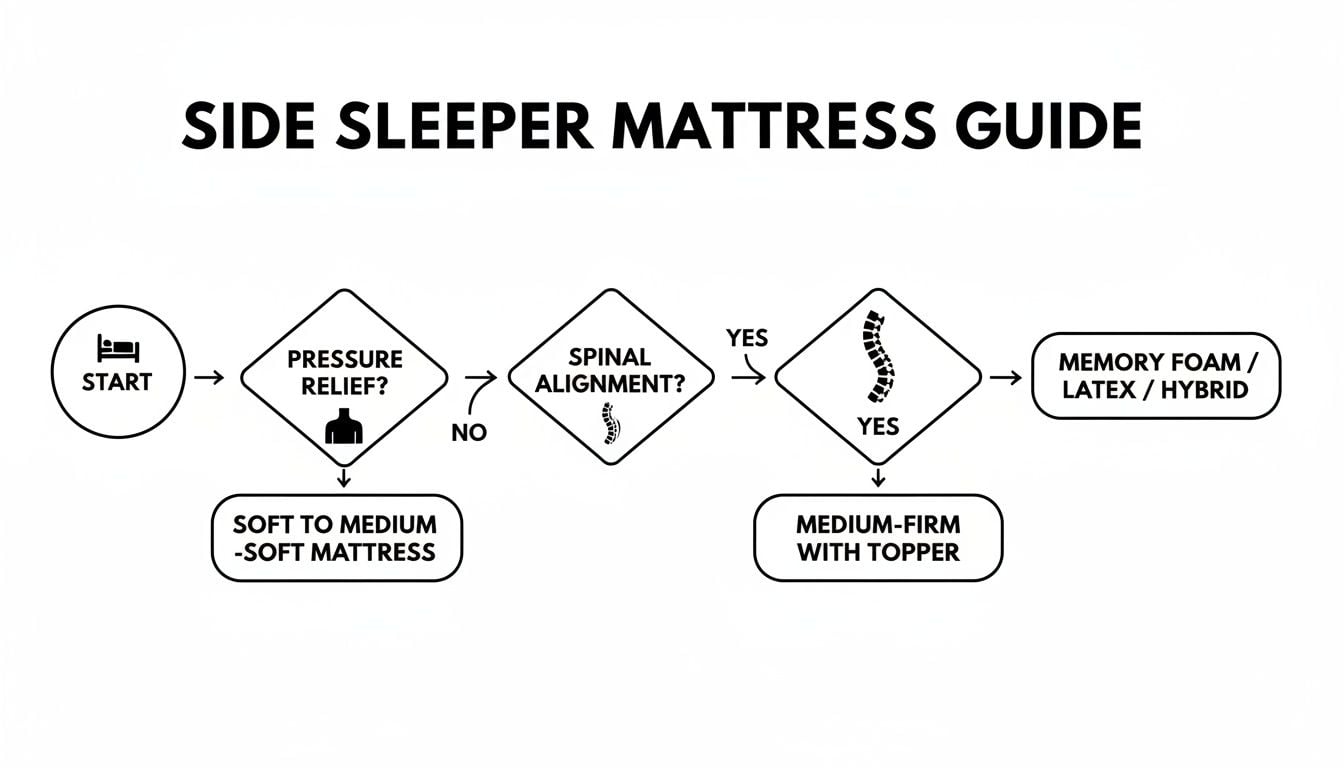 Flowchart guide for side sleepers to choose the best mattress based on pressure relief and spinal alignment.