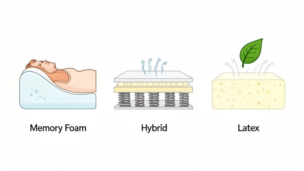 Illustrations of three mattress types: Memory Foam with a person, Hybrid with springs and foam, and Latex with a leaf.