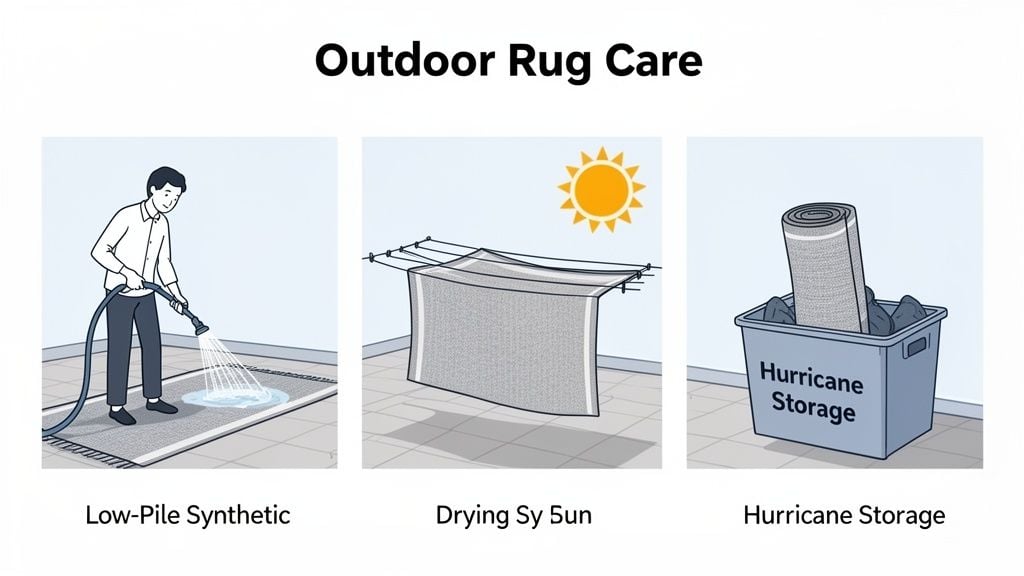Illustration showing three steps for outdoor rug care: hosing, sun drying, and hurricane storage.