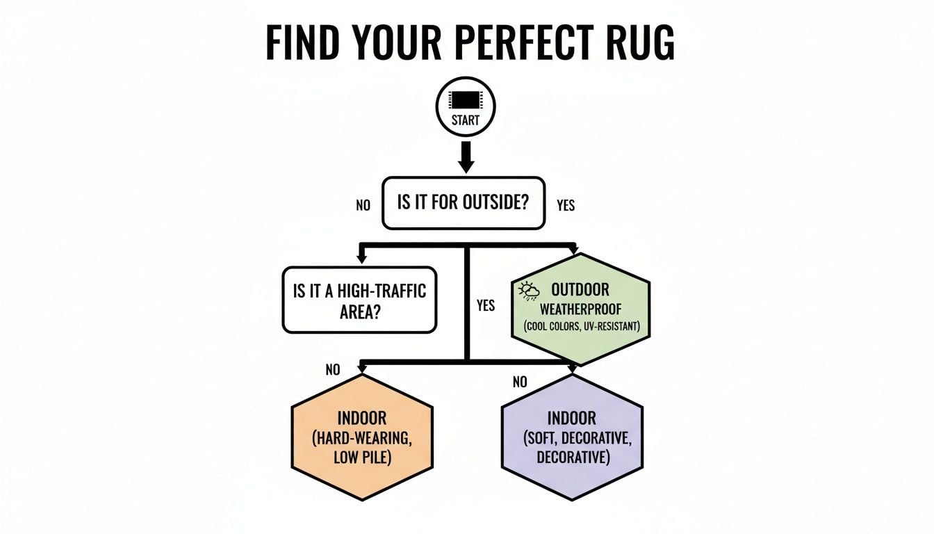 Flowchart guiding selection of the perfect rug based on location, traffic, and desired characteristics.