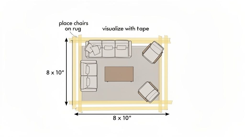 Overhead diagram demonstrating an 8x10 rug placement in a living room, showing sofas, chairs, and a coffee table.