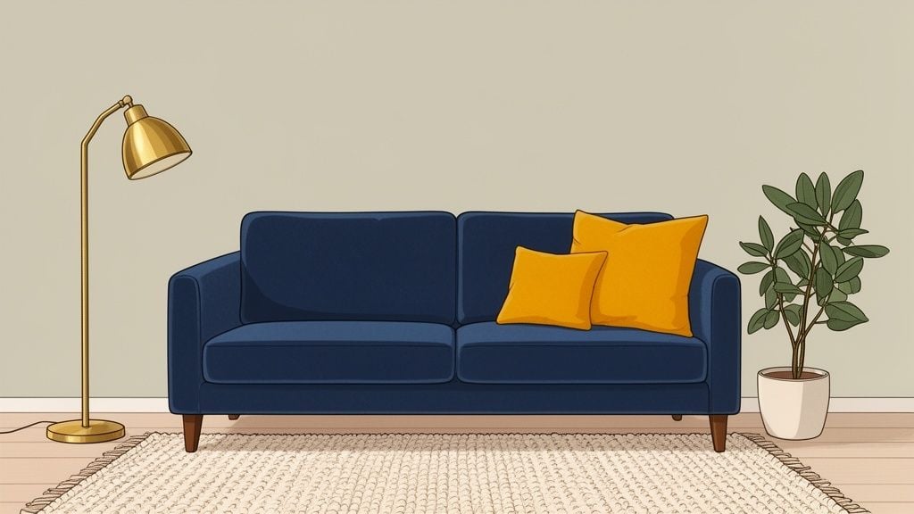 A cozy living room scene with a blue sofa, yellow cushions, gold lamp, and a green plant.