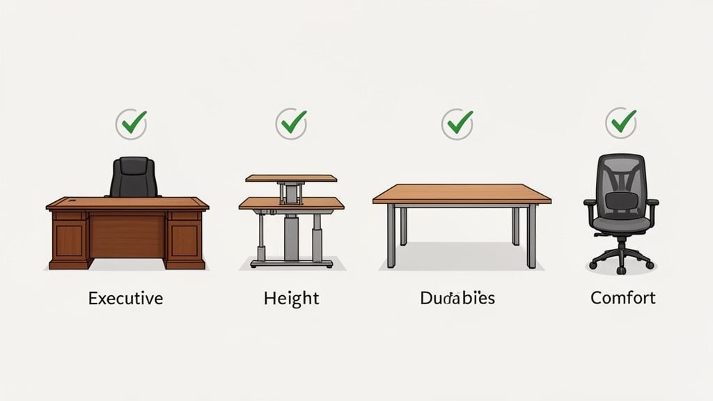 Four distinct office furniture options: an executive desk, a height-adjustable desk, a table, and an ergonomic chair.