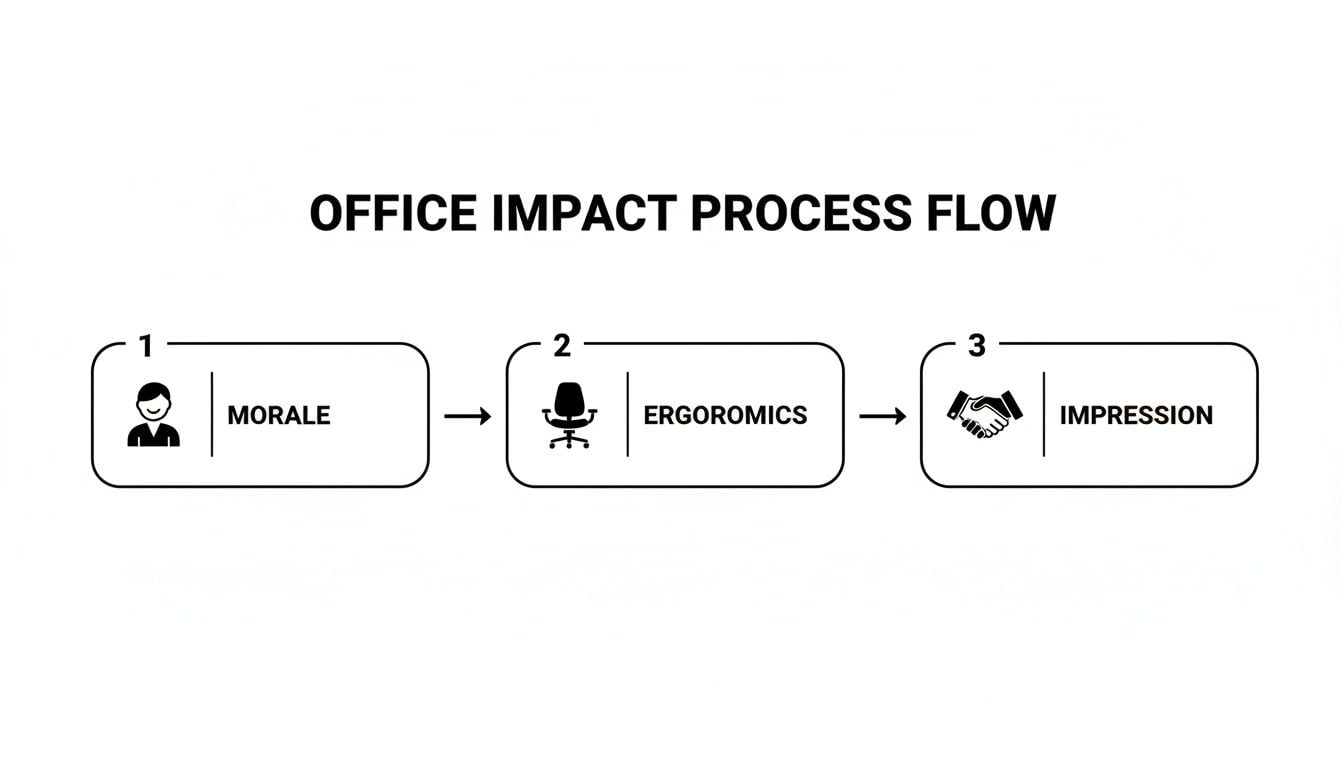 A three-step office impact process flow diagram showing morale, ergonomics, and impression.