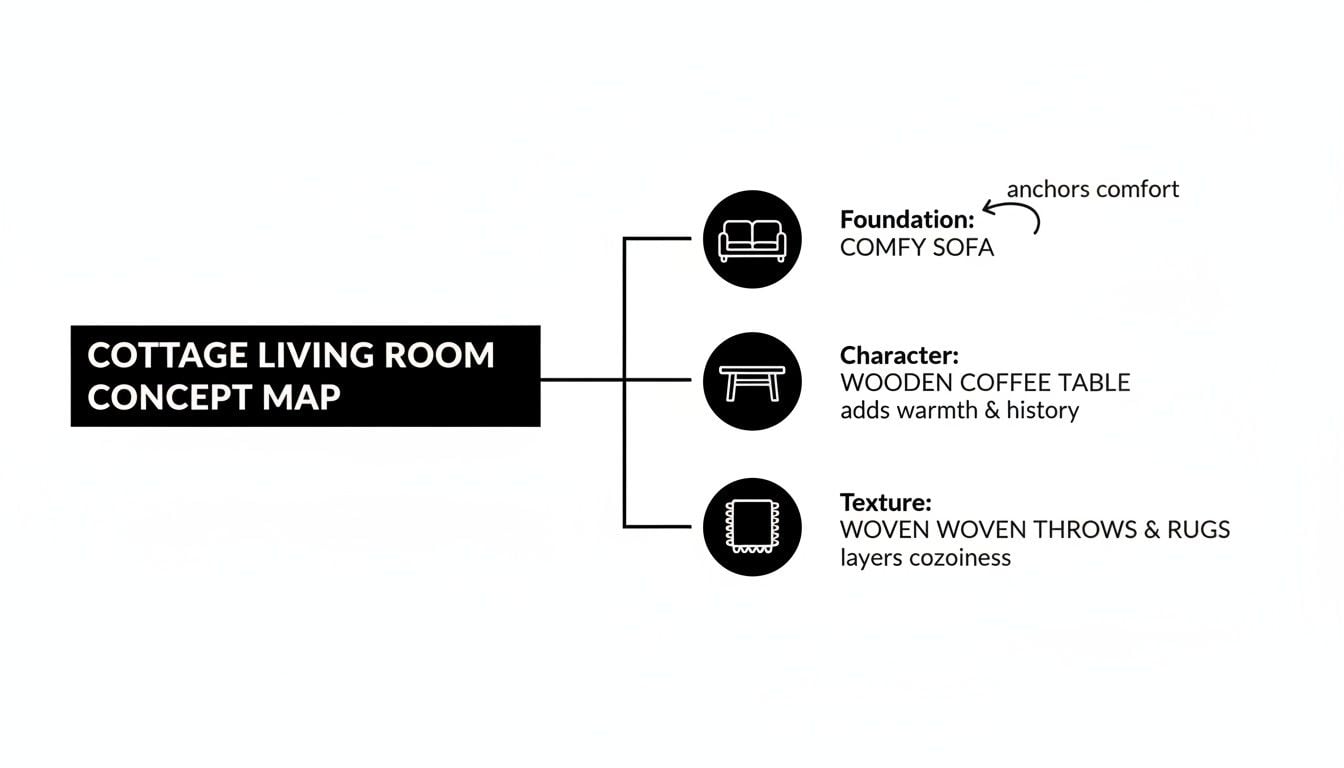 A concept map outlining elements for a cottage living room: comfy sofa, wooden coffee table, woven throws and rugs.