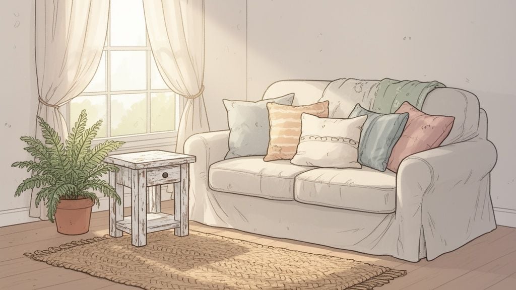 A cozy cottage-style living room features a white sofa with colorful pillows, a rustic side table, and a fern plant.