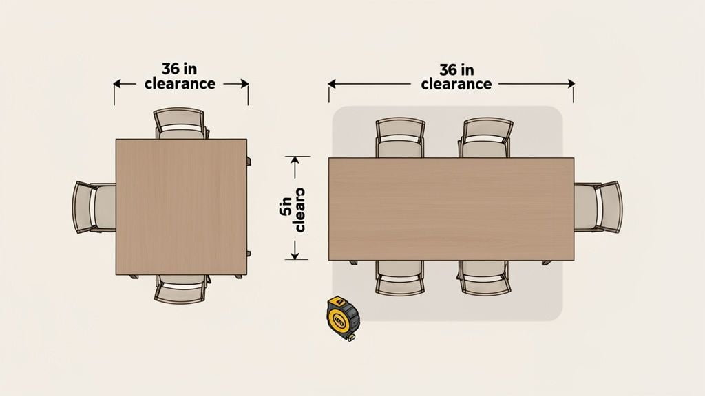 An overhead view showing two dining table configurations, square and rectangular, with chairs and recommended clearance measurements for comfortable movement around them.