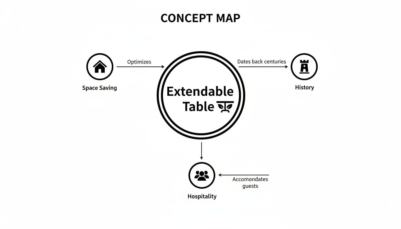 A concept map showing 'Extendable Table' at the center, connected to 'Space Saving', 'History', and 'Hospitality'.