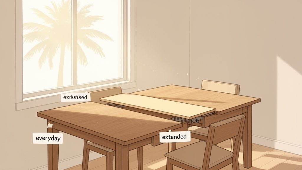 A dining table demonstrating its extendable feature, with sections labeled "everyday", "exdofised", and "extended".