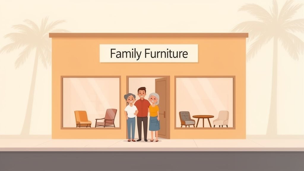 A happy family stands outside their "Family Furniture" store, displaying various chairs and a table.