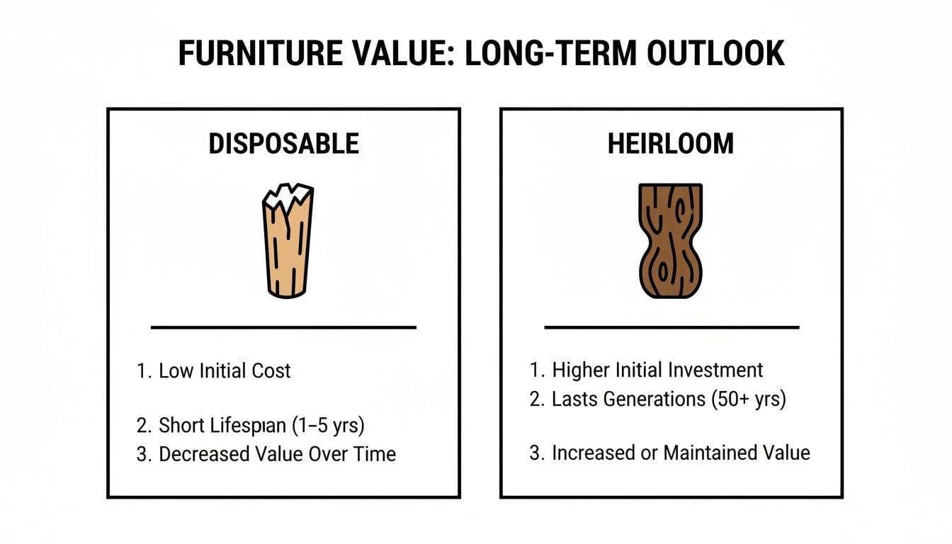 Infographic comparing disposable and heirloom furniture, detailing cost, lifespan, and value over time.