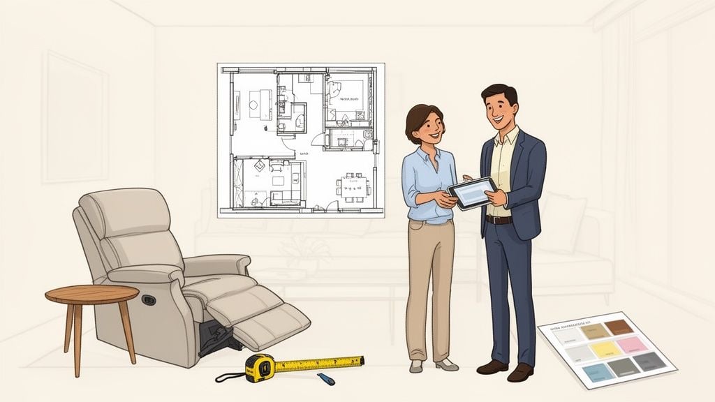 Two people discussing a home design plan with a tablet, featuring a floor plan, recliner, and color samples.