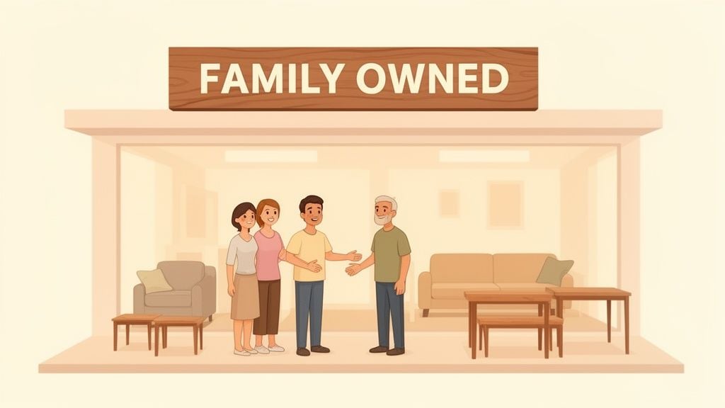 A happy family stands inside a family-owned furniture store with various pieces of furniture.