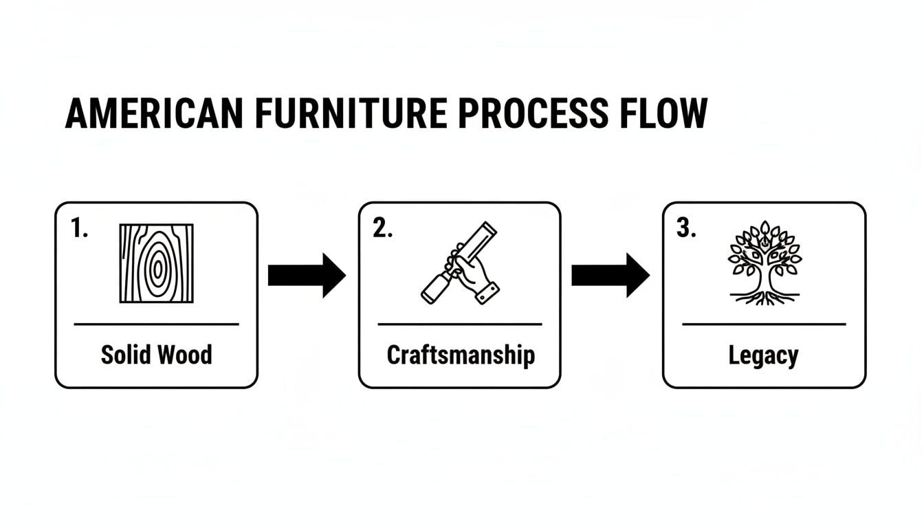 Flowchart illustrating the American furniture process with steps: solid wood, craftsmanship, and legacy.