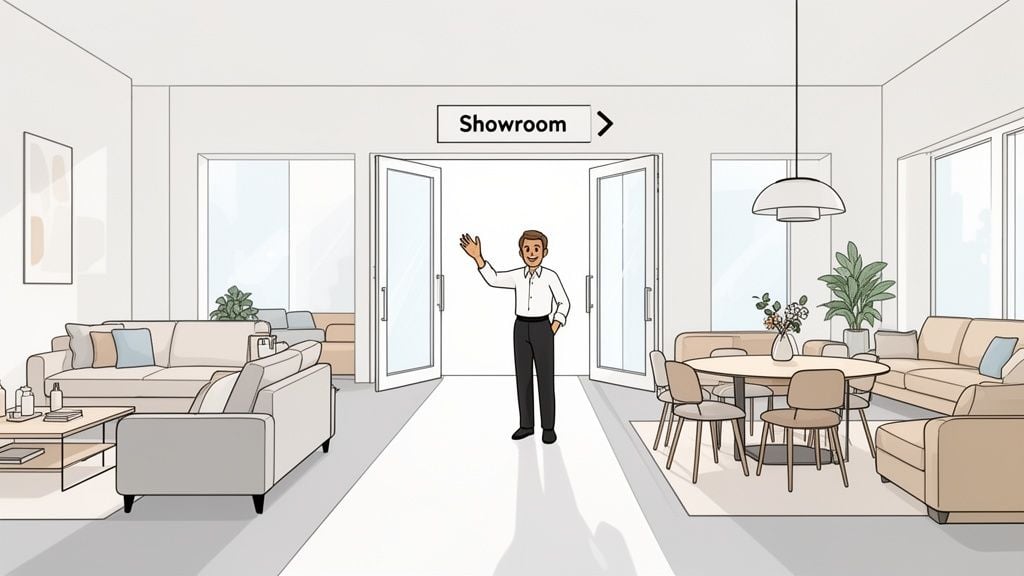 A friendly man waves hello at the entrance of a bright, modern furniture showroom.