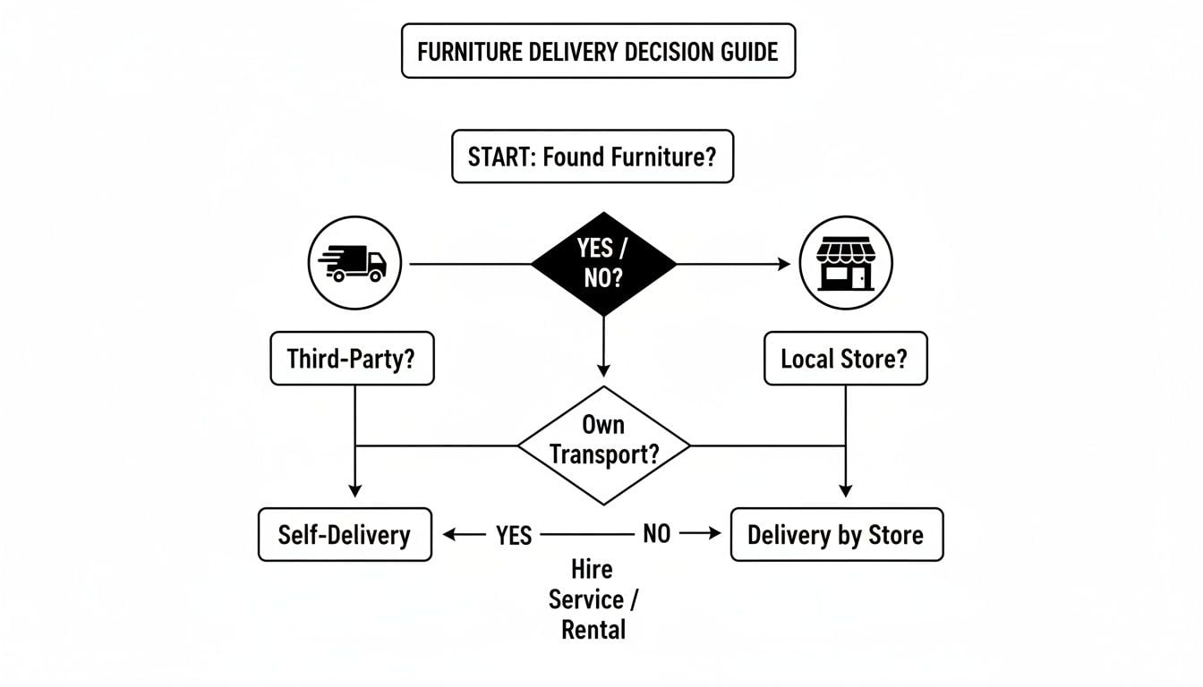 A flowchart guiding decisions for furniture delivery, from finding furniture to delivery method.