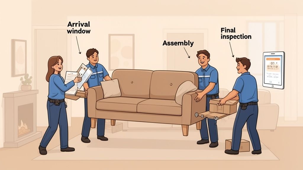 A service team delivers and assembles a sofa, managing arrival, assembly, and final inspection.