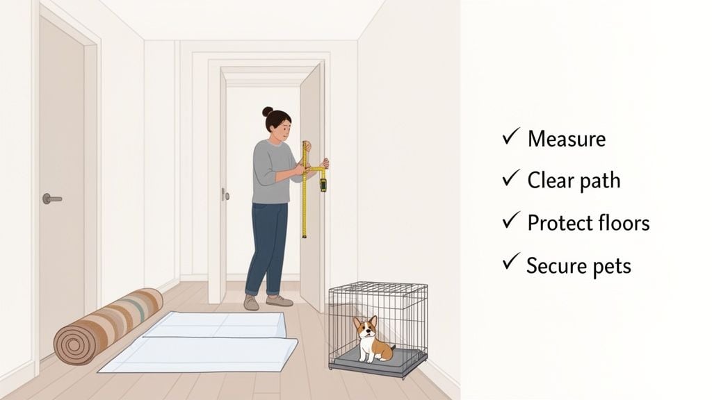 A person measures a doorway with a tape measure, with a dog secured in a crate and floor protection on the floor.