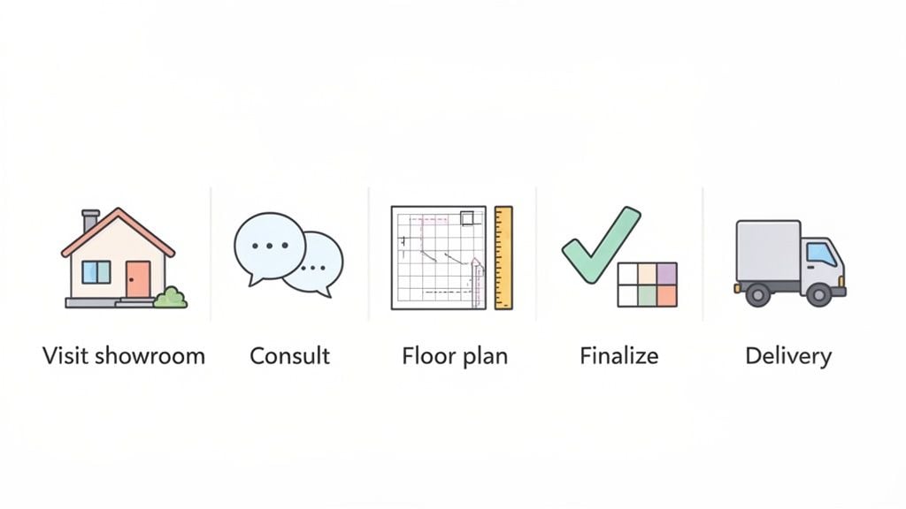 A five-step visual process for furniture design services: showroom visit, consultation, floor plan, finalization, and delivery.