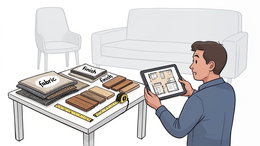 A person uses a tablet to visualize a home layout, surrounded by fabric and wood samples.