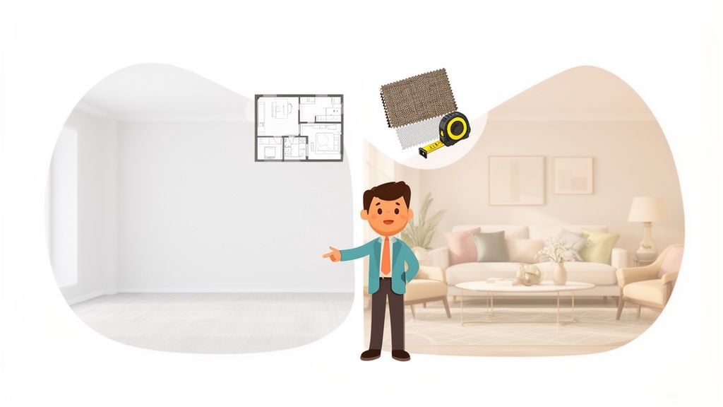 An interior designer showcases a floor plan, design materials, and a transformed furnished living room.