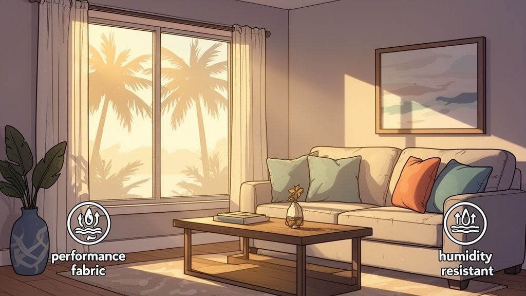 A bright, sunlit living room with a sofa, coffee table, and a window view of tropical palm trees, featuring performance fabric and humidity resistant furniture.