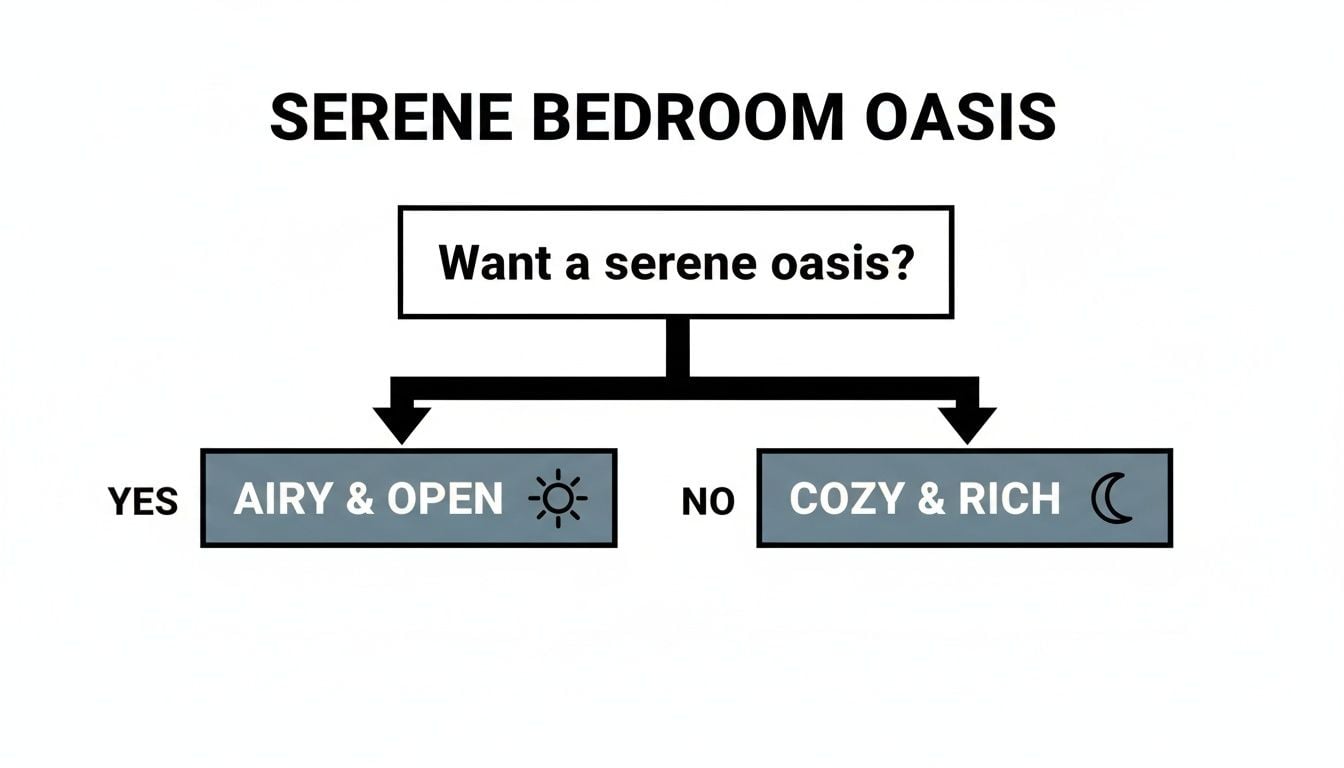 A flowchart guiding users to choose between airy and open or cozy and rich bedroom styles.