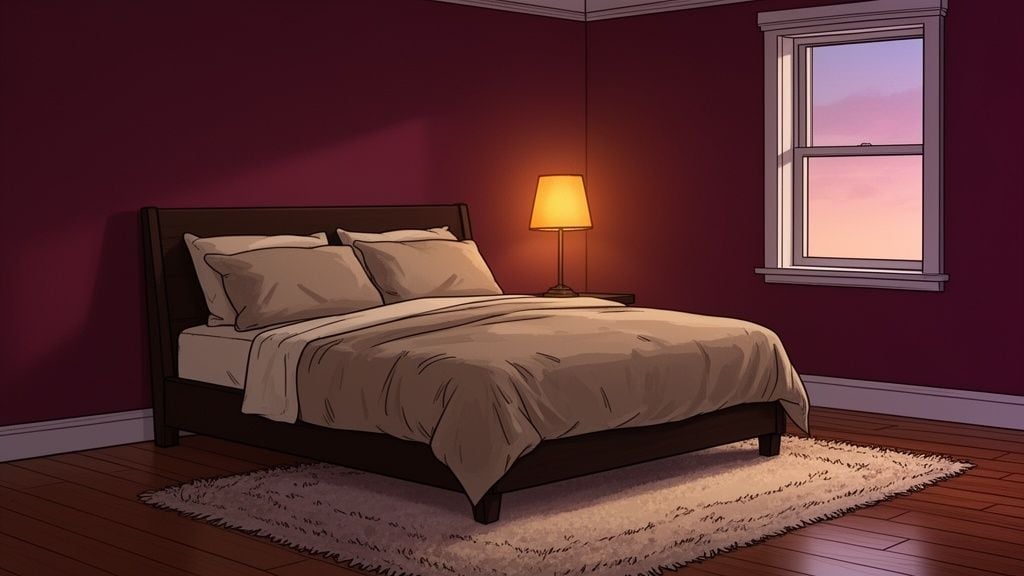 A cozy bedroom with dark red walls, a bed with light brown bedding, and a warm lamp next to a window.
