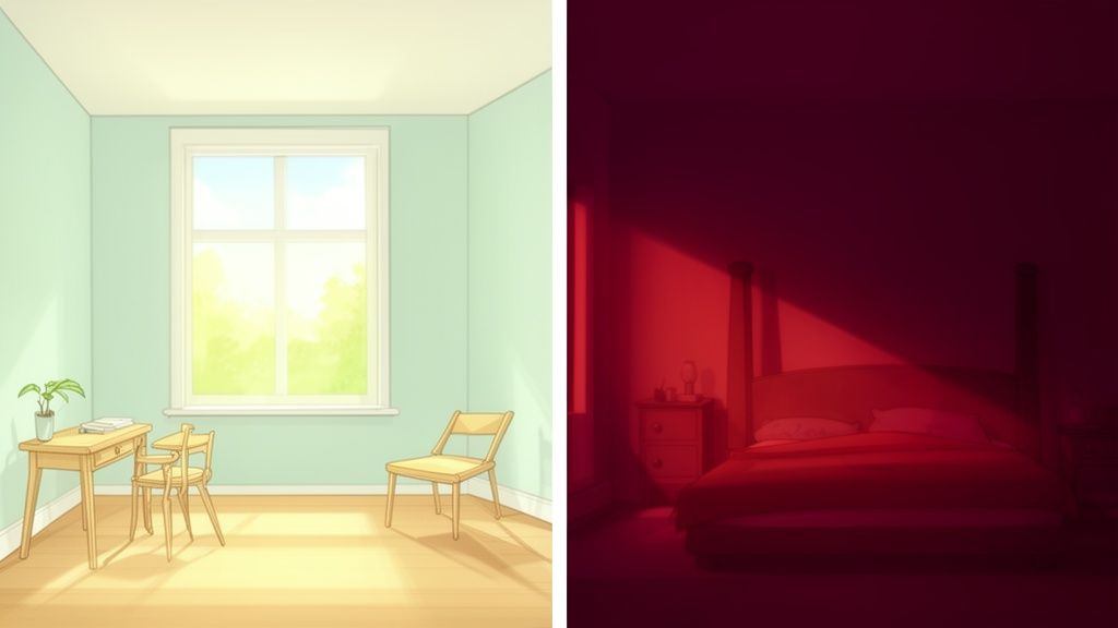 A diptych of a bright, minimalist green room and a dark, red-hued bedroom.