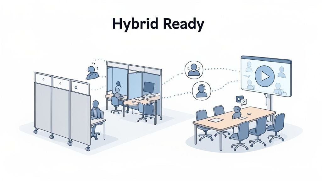 Illustration of a hybrid office setup with in-person and remote workers collaborating efficiently.
