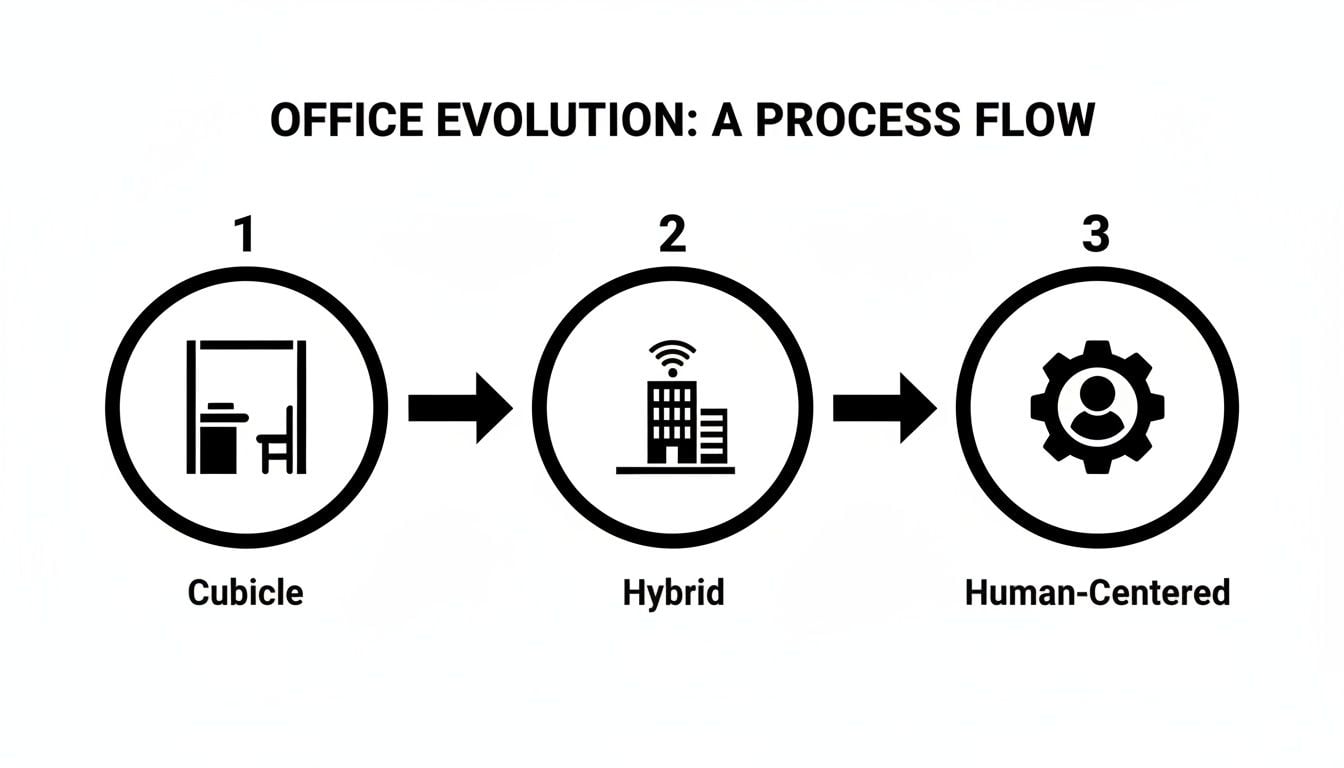 A process flow diagram titled 'Office Evolution' depicting three stages: Cubicle, Hybrid, and Human-Centered.