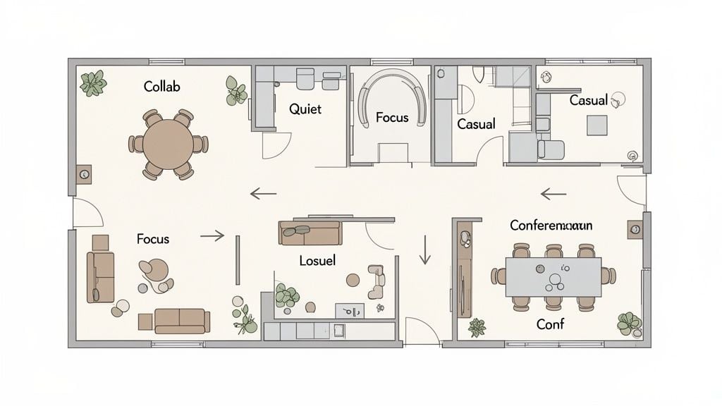 Detailed floor plan of a modern office space showing various collaborative, quiet, and focus work zones.