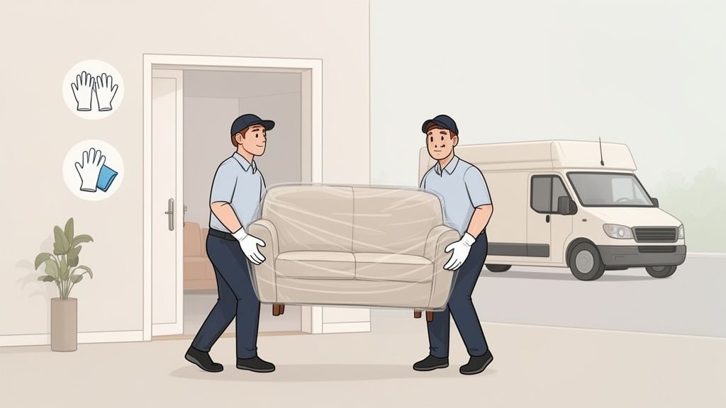 Two movers wearing gloves carry a couch wrapped in plastic out of a building, with a moving van nearby.